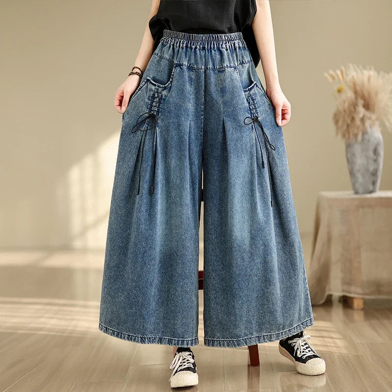 9712 Baggy Jeans for Women 2025 New Arrival Spring Fashion Wide Leg Denim Pants Elastic Waist Loose Casual Ankle Length Trouser