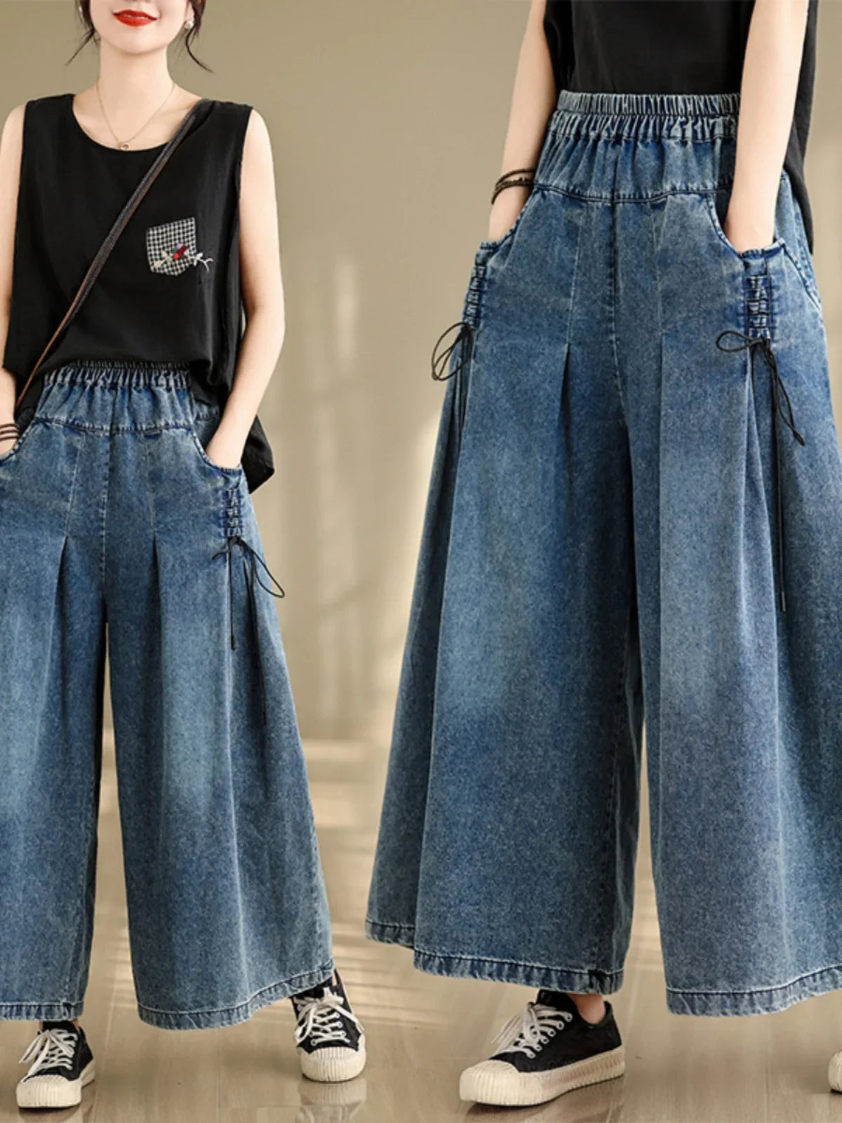 9712 Baggy Jeans for Women 2025 New Arrival Spring Fashion Wide Leg Denim Pants Elastic Waist Loose Casual Ankle Length Trouser