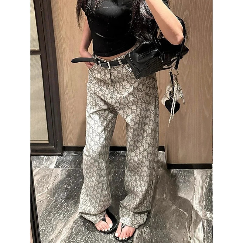 Y2k Women's Baggy Pattern Jeans Harajuku Japanese 2000s Style Grey Denim Trousers Vintage Jean Long Pants Oversize Clothes