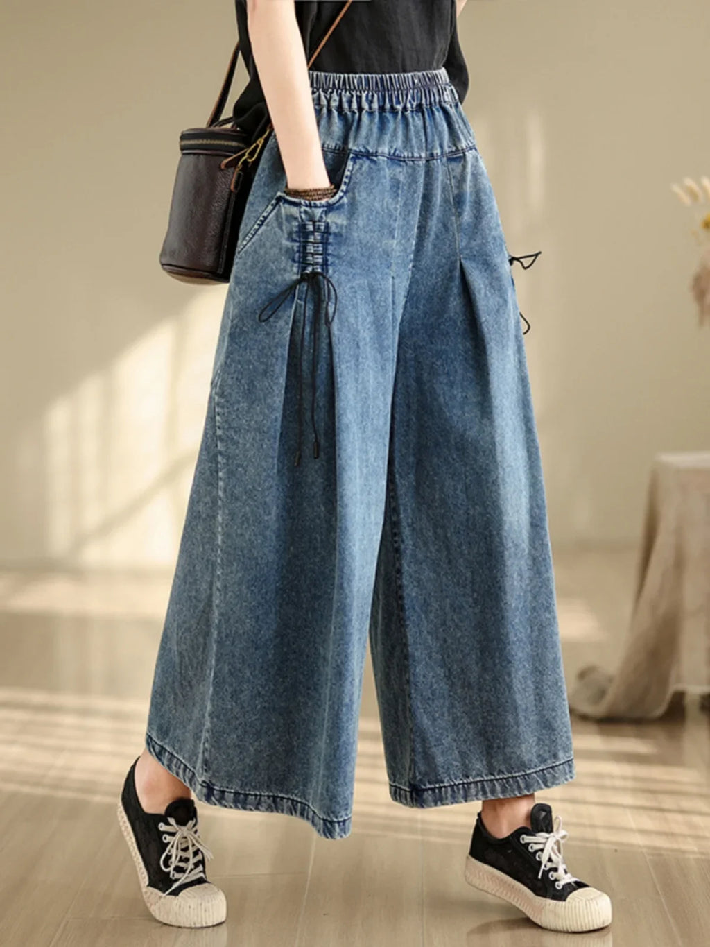 9712 Baggy Jeans for Women 2025 New Arrival Spring Fashion Wide Leg Denim Pants Elastic Waist Loose Casual Ankle Length Trouser