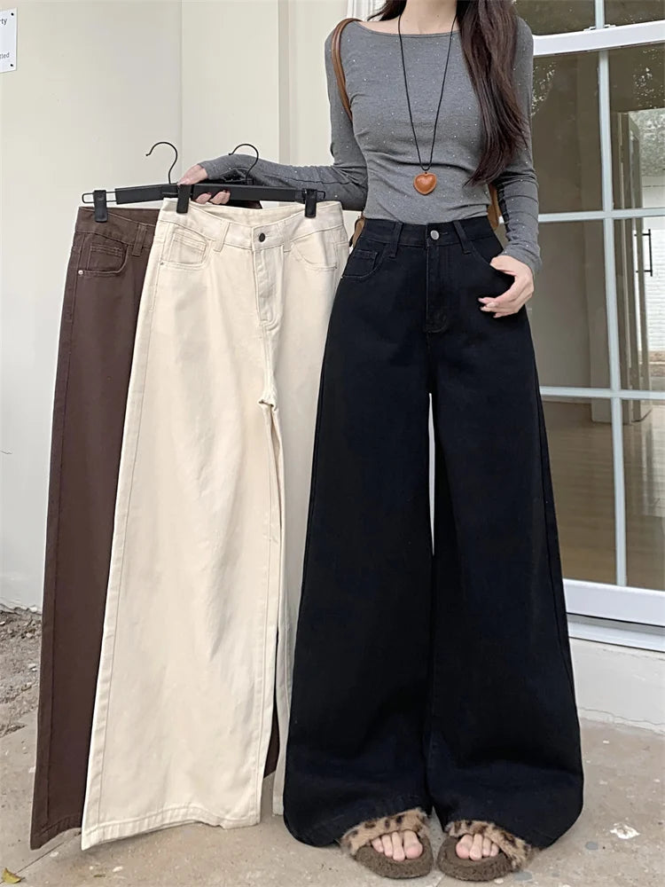 Botvotee Brown Baggy Jeans Women High Waisted Wide Leg Streetwear Y2k Fashion Black Denim Pants Beige Slouchy Jeans