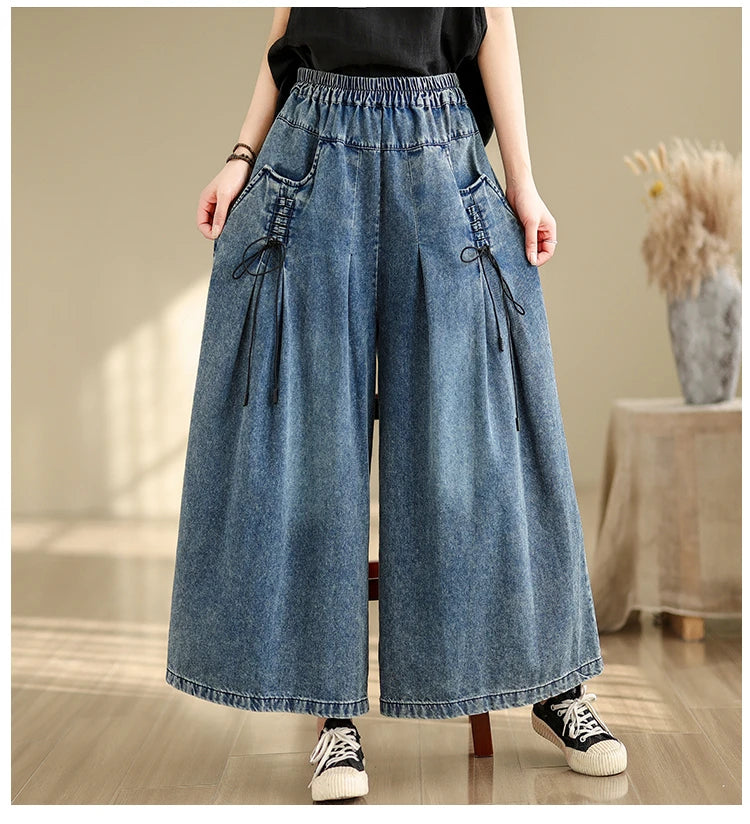 9712 Baggy Jeans for Women 2025 New Arrival Spring Fashion Wide Leg Denim Pants Elastic Waist Loose Casual Ankle Length Trouser