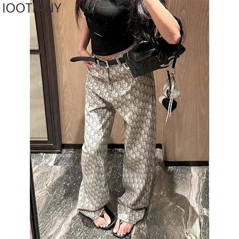 Y2k Women's Baggy Pattern Jeans Harajuku Japanese 2000s Style Grey Denim Trousers Vintage Jean Long Pants Oversize Clothes