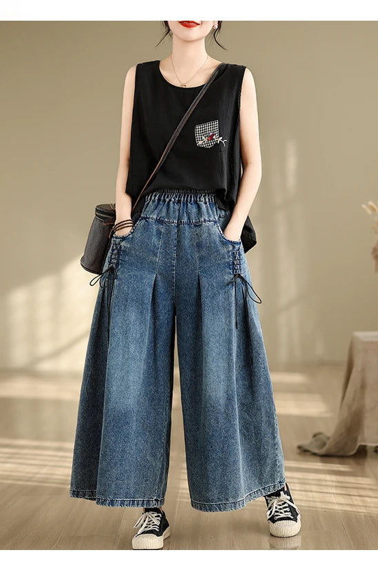 9712 Baggy Jeans for Women 2025 New Arrival Spring Fashion Wide Leg Denim Pants Elastic Waist Loose Casual Ankle Length Trouser