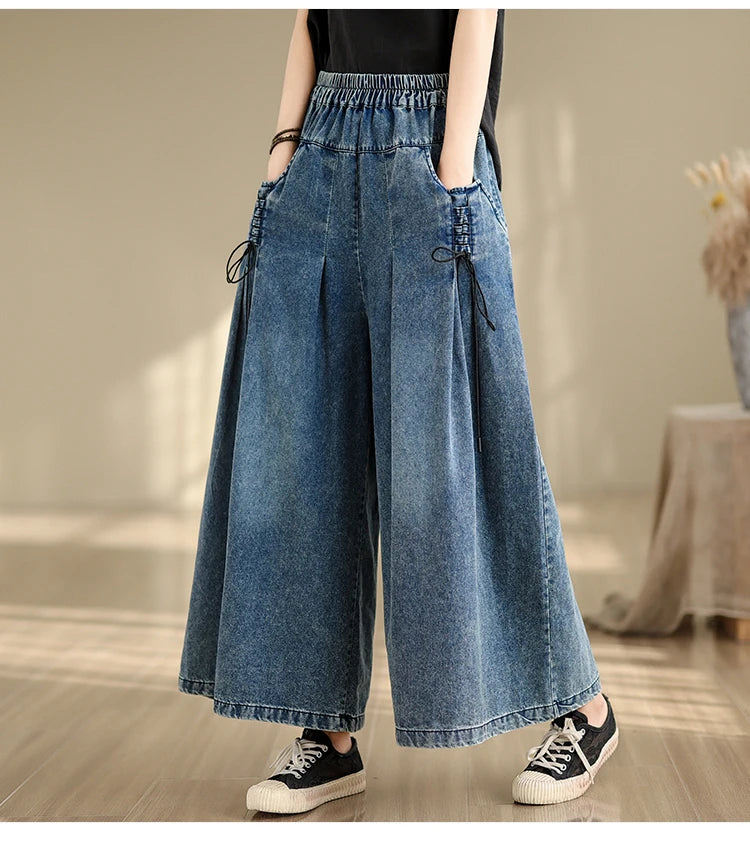 9712 Baggy Jeans for Women 2025 New Arrival Spring Fashion Wide Leg Denim Pants Elastic Waist Loose Casual Ankle Length Trouser