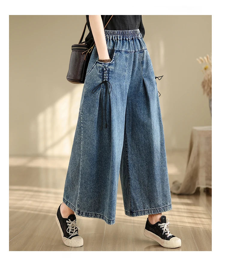 9712 Baggy Jeans for Women 2025 New Arrival Spring Fashion Wide Leg Denim Pants Elastic Waist Loose Casual Ankle Length Trouser