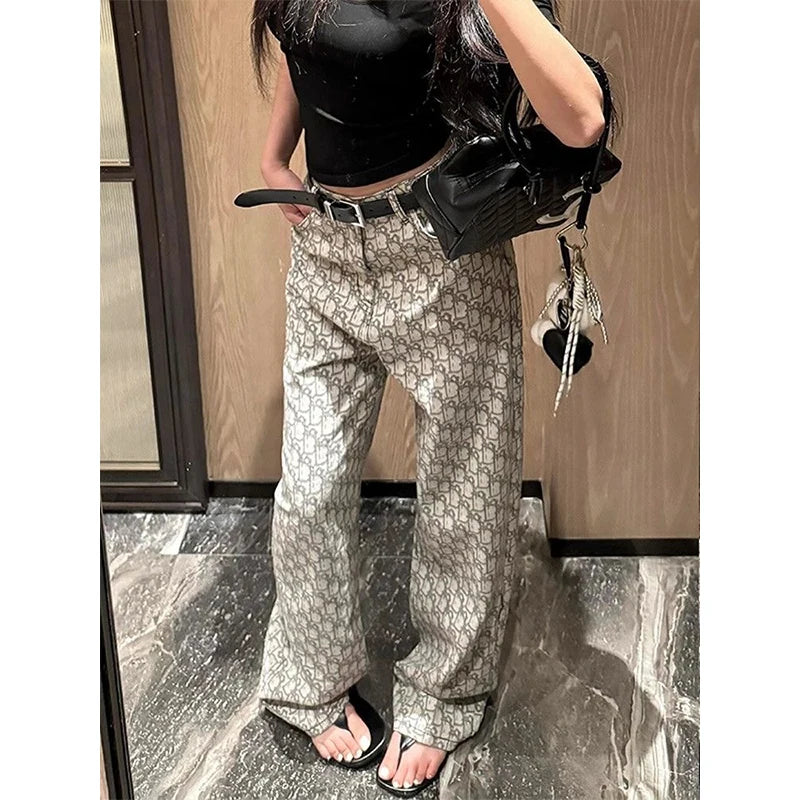 Y2k Women's Baggy Pattern Jeans Harajuku Japanese 2000s Style Grey Denim Trousers Vintage Jean Long Pants Oversize Clothes
