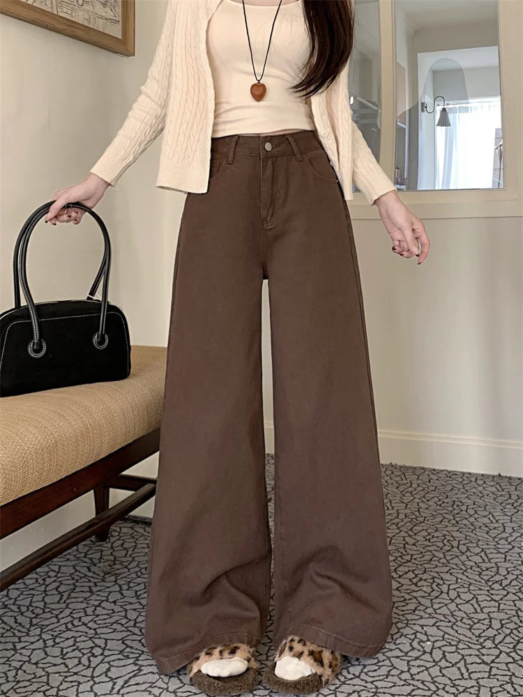 Botvotee Brown Baggy Jeans Women High Waisted Wide Leg Streetwear Y2k Fashion Black Denim Pants Beige Slouchy Jeans