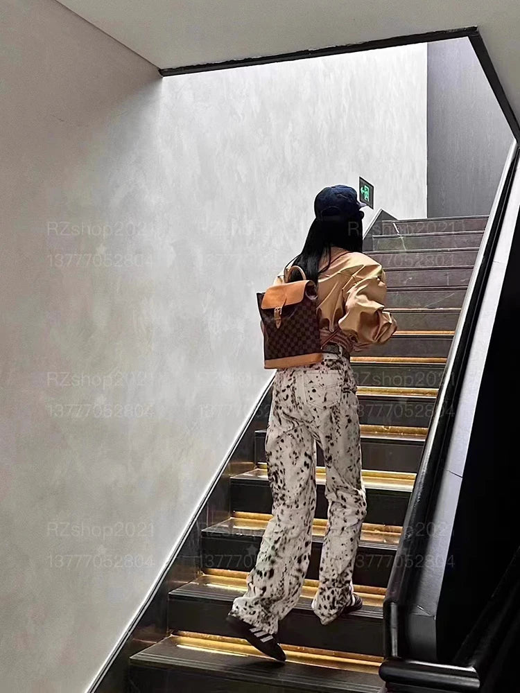 Baggy Wide Leg Jeans Women High Waisted Retro Leopard Print Straight Jeans High Street Streetwear Y2k Vintage Denim Trousers