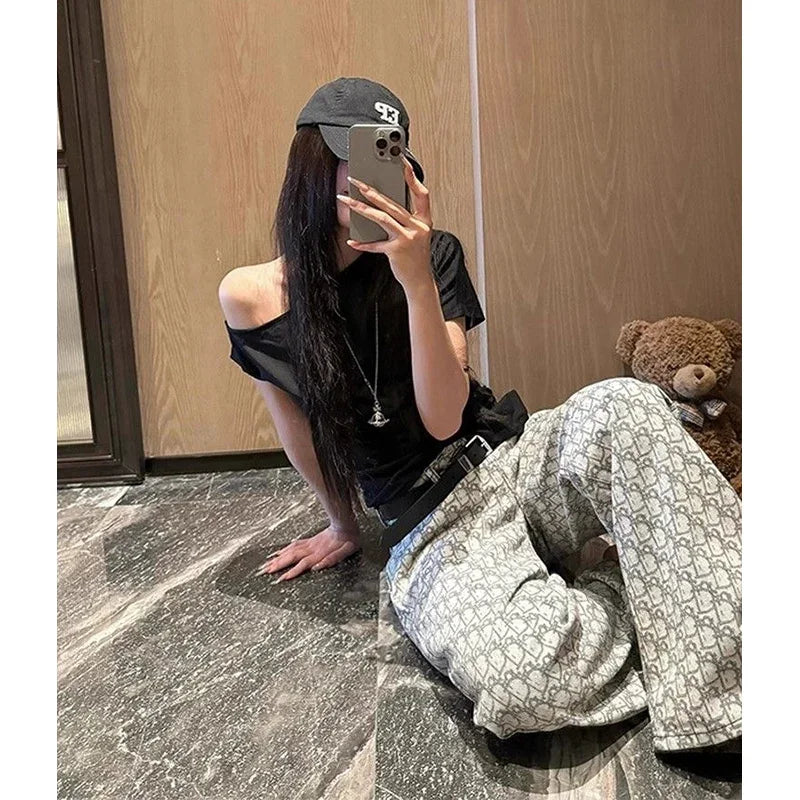 Y2k Women's Baggy Pattern Jeans Harajuku Japanese 2000s Style Grey Denim Trousers Vintage Jean Long Pants Oversize Clothes