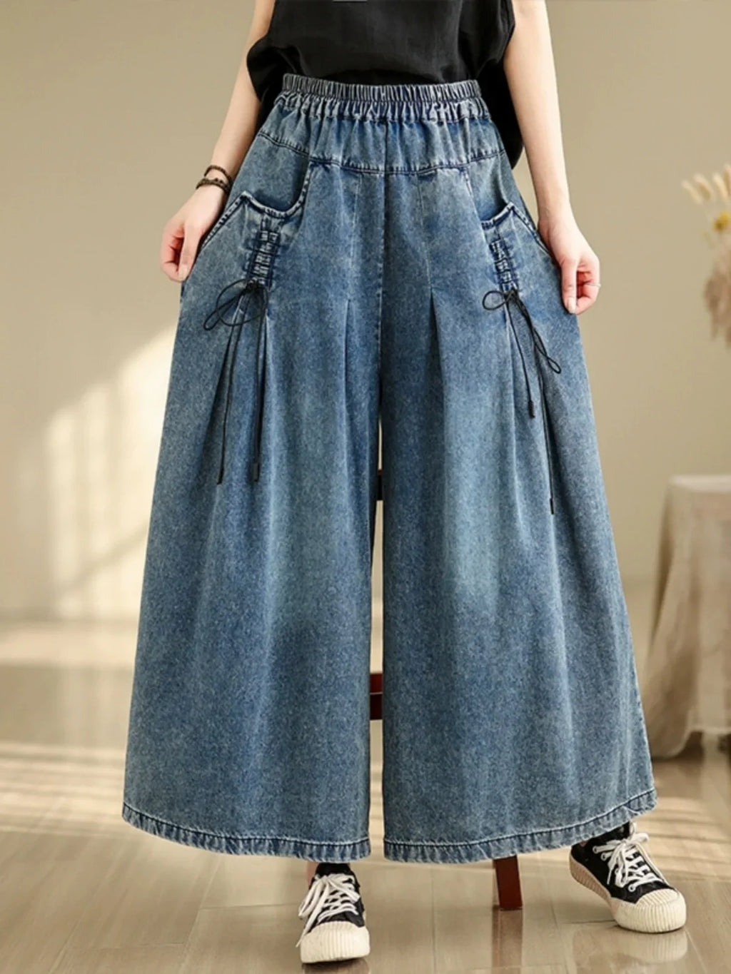 9712 Baggy Jeans for Women 2025 New Arrival Spring Fashion Wide Leg Denim Pants Elastic Waist Loose Casual Ankle Length Trouser