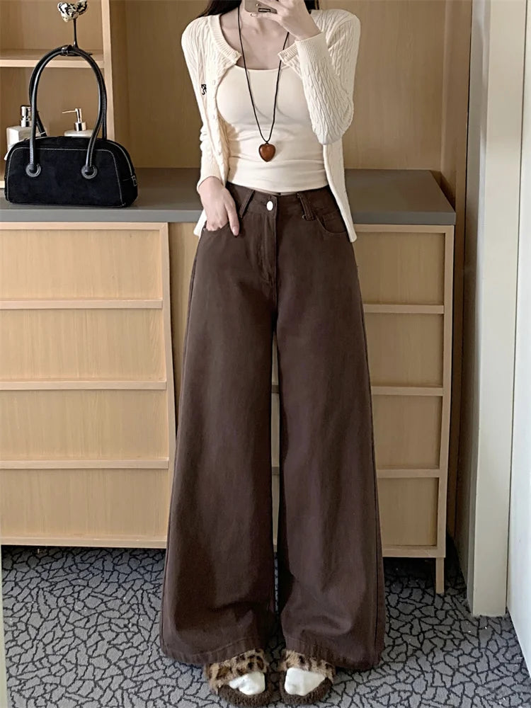 Botvotee Brown Baggy Jeans Women High Waisted Wide Leg Streetwear Y2k Fashion Black Denim Pants Beige Slouchy Jeans