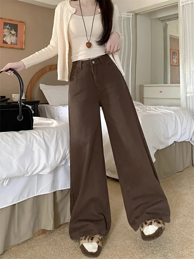 Botvotee Brown Baggy Jeans Women High Waisted Wide Leg Streetwear Y2k Fashion Black Denim Pants Beige Slouchy Jeans