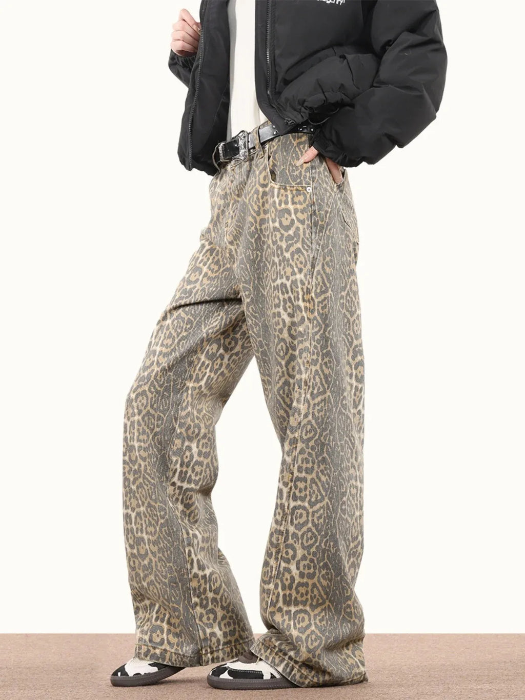 Baggy Wide Leg Jeans Women High Waisted Retro Leopard Print Straight Jeans High Street Streetwear Y2k Vintage Denim Trousers