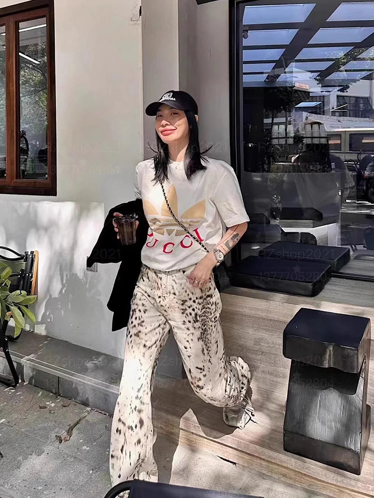 Baggy Wide Leg Jeans Women High Waisted Retro Leopard Print Straight Jeans High Street Streetwear Y2k Vintage Denim Trousers