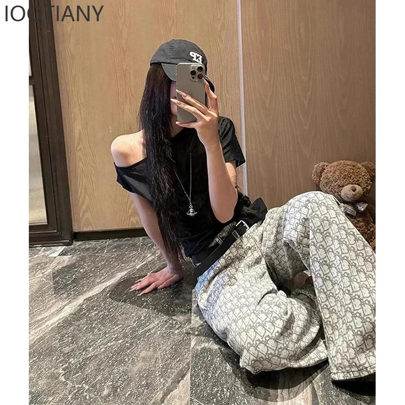 Y2k Women's Baggy Pattern Jeans Harajuku Japanese 2000s Style Grey Denim Trousers Vintage Jean Long Pants Oversize Clothes