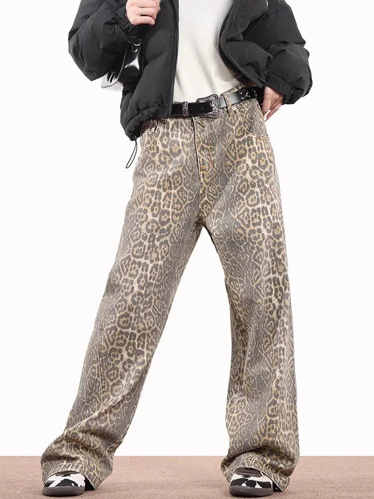 Baggy Wide Leg Jeans Women High Waisted Retro Leopard Print Straight Jeans High Street Streetwear Y2k Vintage Denim Trousers