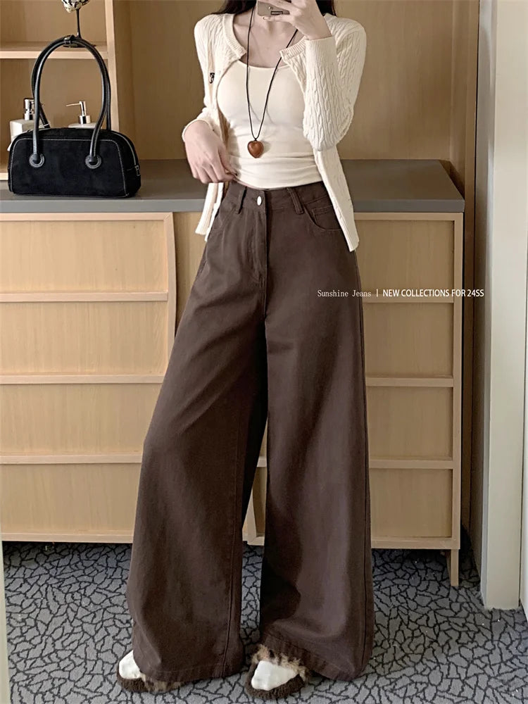 Botvotee Brown Baggy Jeans Women High Waisted Wide Leg Streetwear Y2k Fashion Black Denim Pants Beige Slouchy Jeans
