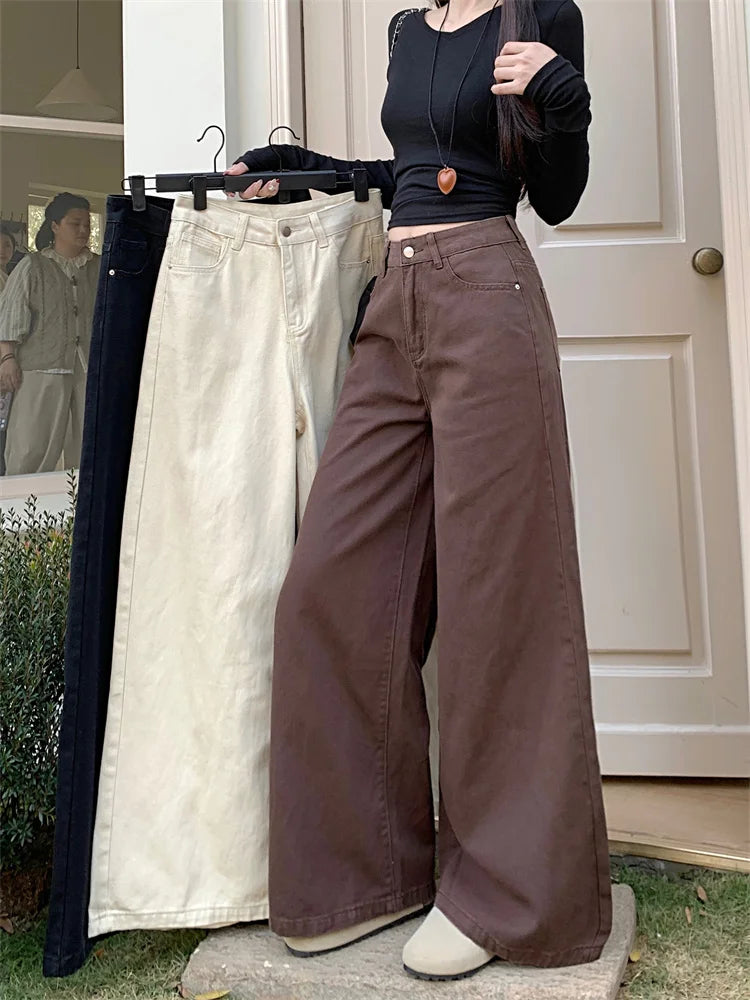 Botvotee Brown Baggy Jeans Women High Waisted Wide Leg Streetwear Y2k Fashion Black Denim Pants Beige Slouchy Jeans