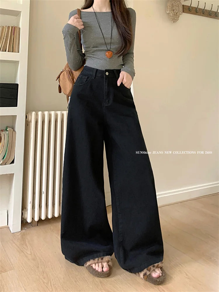 Botvotee Brown Baggy Jeans Women High Waisted Wide Leg Streetwear Y2k Fashion Black Denim Pants Beige Slouchy Jeans